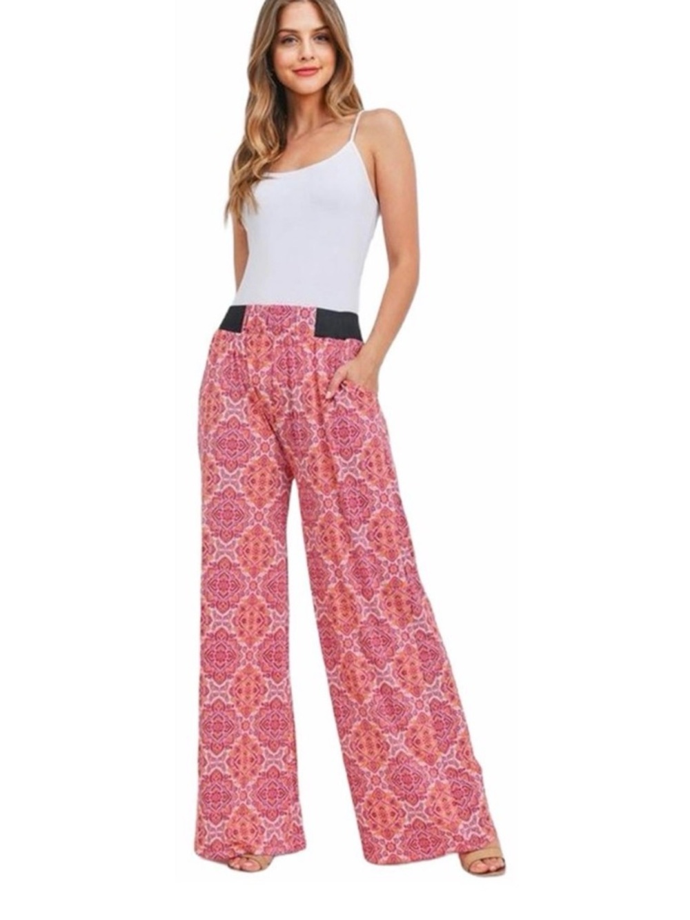 AMAZING Filigree Print Wide-Leg Palazzo Pants in Pink/Orange/White NWT